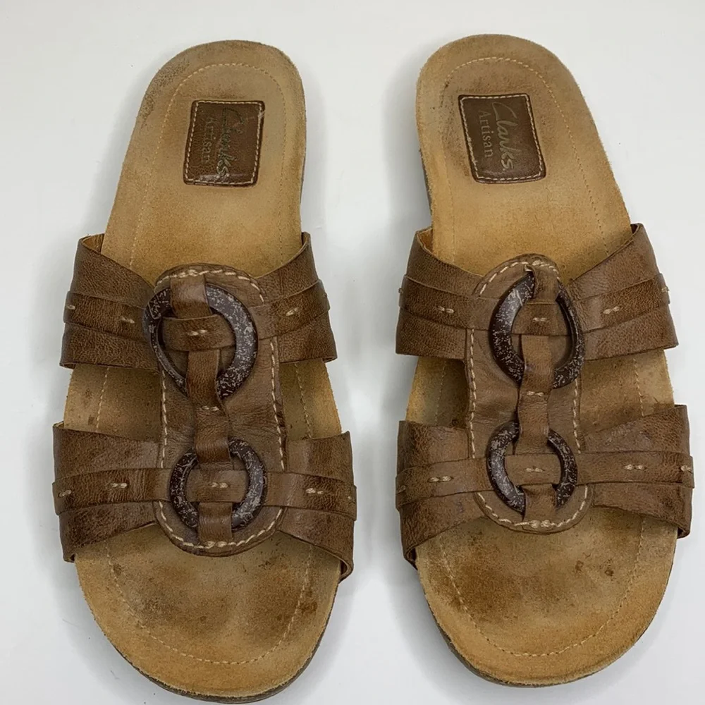 CLARKS Artisan Sandals Brown Leather Slides Cork Platform Soles 85339 size 7.5M
